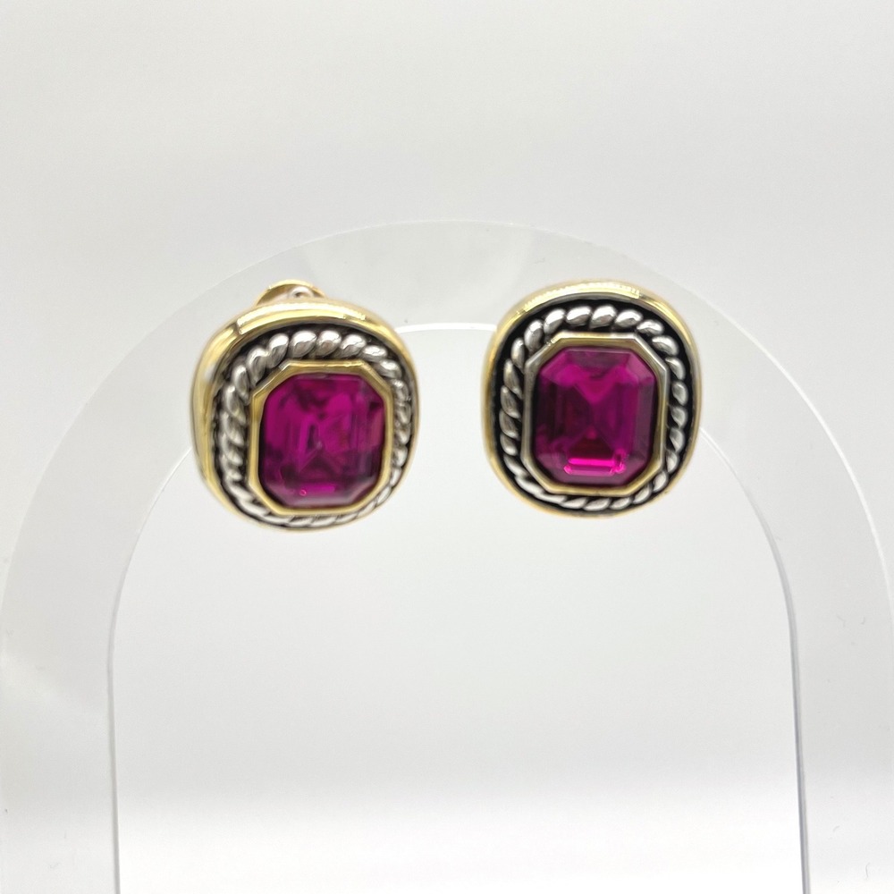 Magenta Crystal Mixed Metal Rope‎ Border Clip On Statement Earrings Two Tone